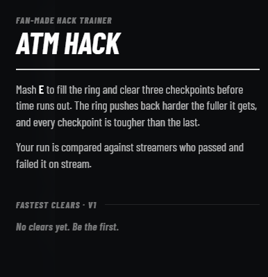 The game's side panel, headed FAN-MADE HACK TRAINER above the title ATM HACK. It explains: mash E to fill the ring and clear three checkpoints before time runs out, the ring pushes back harder the fuller it gets, every checkpoint is tougher than the last, and your run is compared against streamers who passed and failed it on stream. Below, a FASTEST CLEARS · V1 heading reads &ldquo;No clears yet. Be the first.&rdquo;