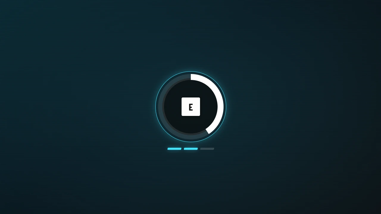 The ATM Hack screen: a glowing cyan ring about two-thirds full of white, a white key cap marked E at its centre, and three dashes underneath — two lit cyan for cleared checkpoints, the third still grey.