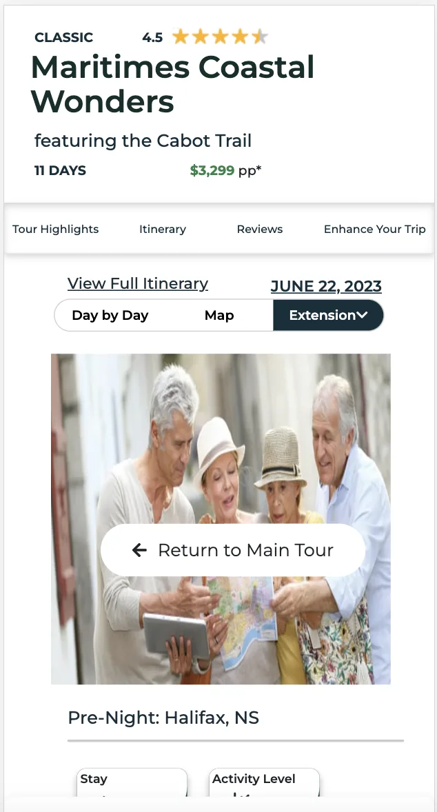 The built mobile tour page for Maritimes Coastal Wonders: the same Day by Day, Map, and Extension tabs and Return to Main Tour button over a photo of travelers reading a map, with different spacing, type sizes, and tab styling from the design.