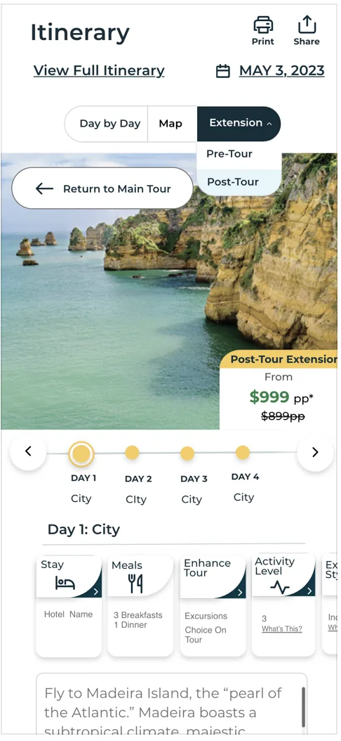 Adobe XD design of the mobile tour itinerary page: Day by Day, Map, and Extension tabs above a coastal photo, a Return to Main Tour button, a day-by-day timeline, and Stay, Meals, and Enhance Tour cards.
