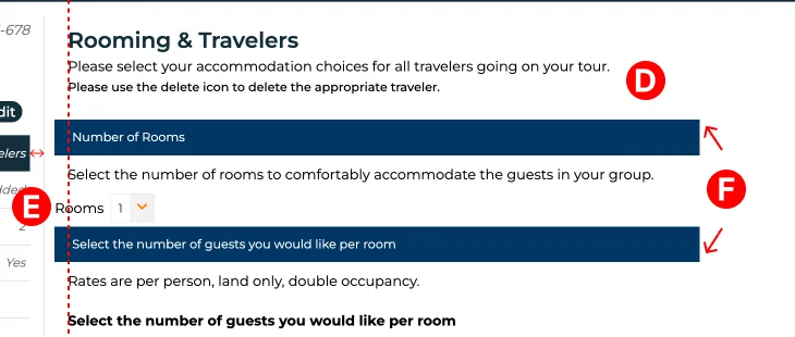 Crop of an annotated QA screenshot of the Rooming and Travelers step, with red callouts D, E, and F pointing at the section header bars, the Rooms dropdown, and the header alignment.