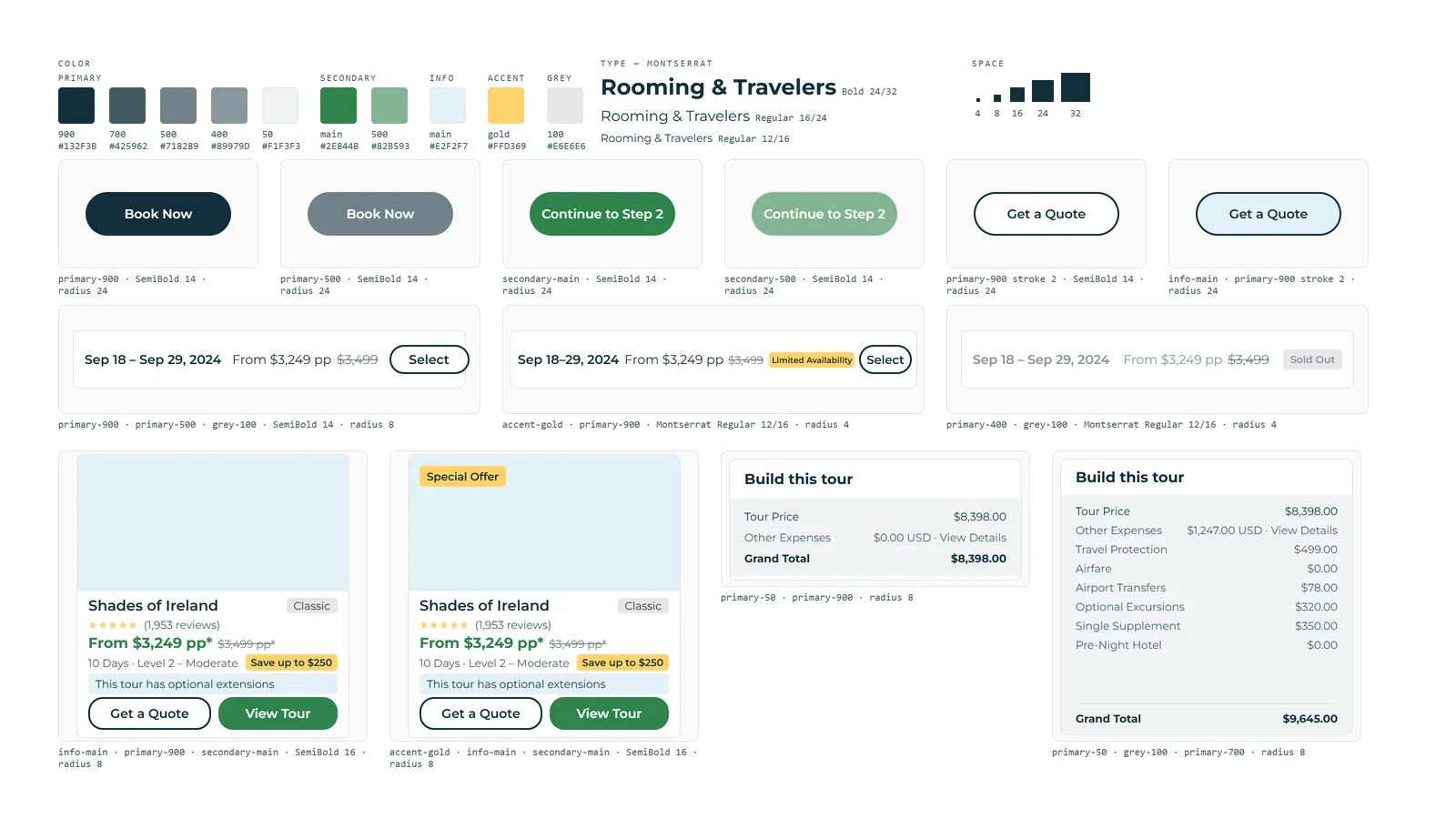 Reconstructed Collette component library: color, type, and spacing primitives above thirteen component tiles — buttons, tour date rows, tour cards, and the price panel — each labeled with the values it uses.
