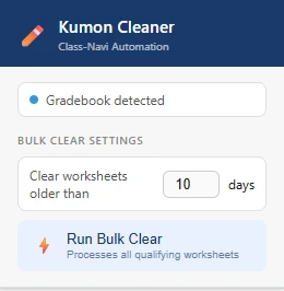 Extension popup on the gradebook: Gradebook detected, a setting to clear worksheets older than 10 days, and a Run Bulk Clear button.