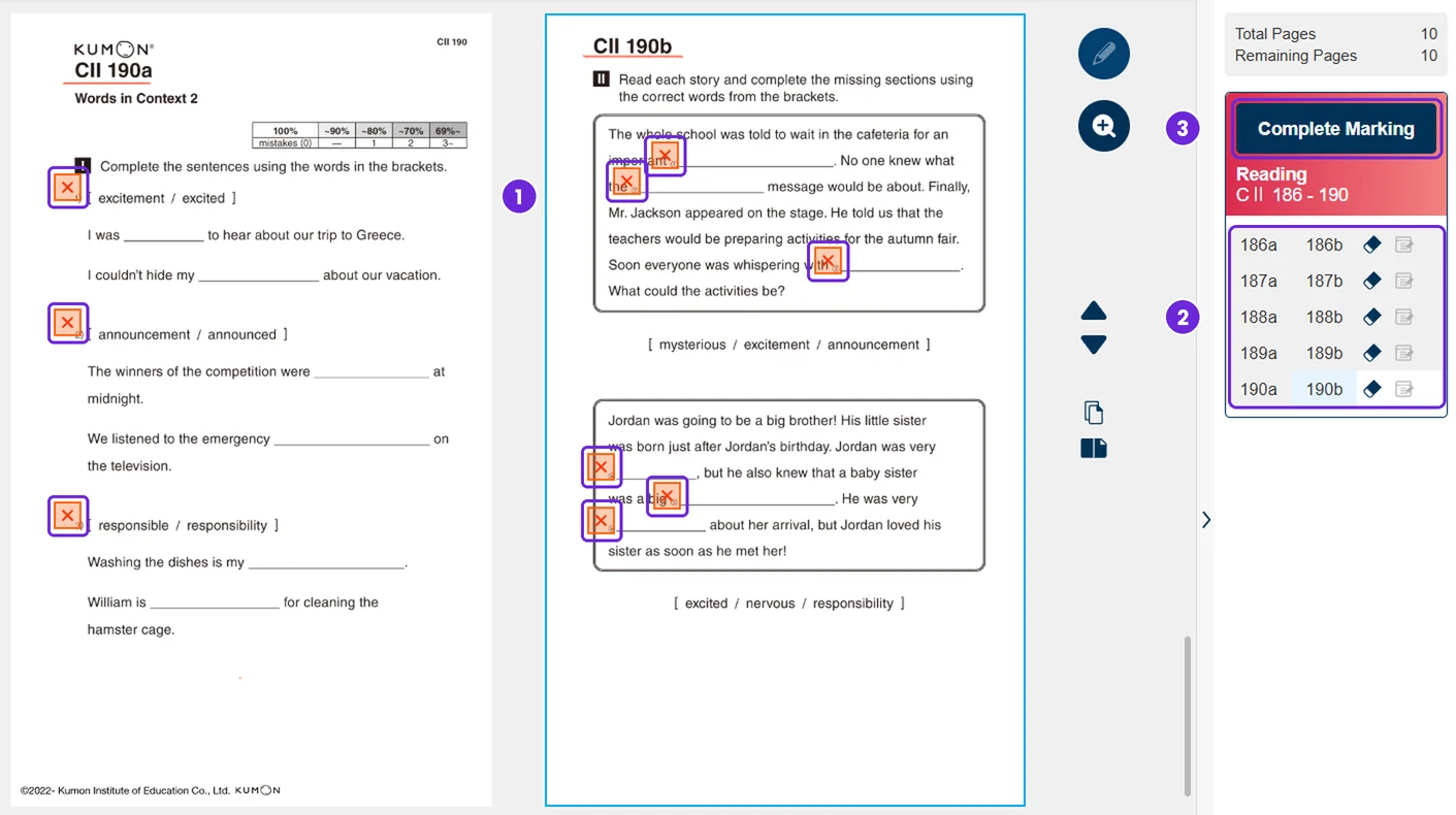 A graded Class-Navi worksheet. Nine orange X marks are outlined across two pages, the page list in the sidebar is outlined, and the Complete Marking button is outlined. Numbered badges match the steps in the caption.