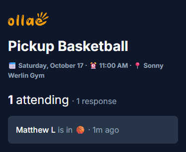 The Pickup Basketball event header and attendee list, reading "1 attending · 1 response" above the entry "Matthew L is in" followed by a basketball emoji.