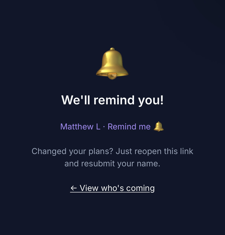 Ollae's confirmation screen with a bell, the heading "We'll remind you!", the line "Matthew L · Remind me", and a link back to view who's coming.