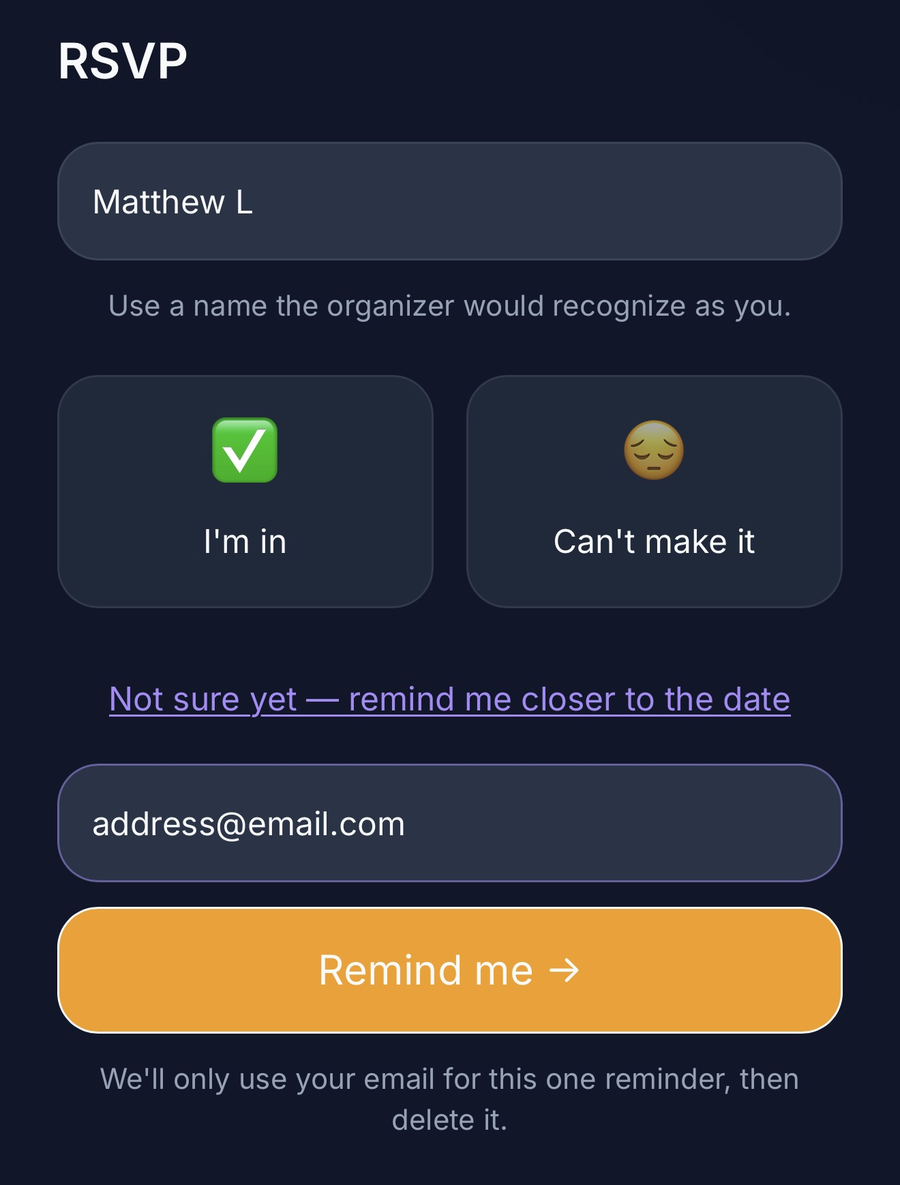 Ollae's RSVP form with a name filled in, "I'm in" and "Can't make it" buttons, and the "Not sure yet — remind me closer to the date" link expanded to show an email field, a Remind me button, and a note that the address is used for one reminder then deleted.