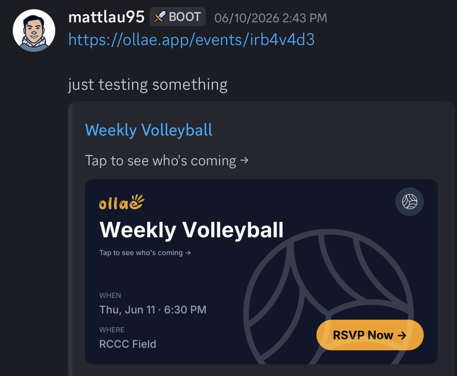 The Ollae link preview in Discord, where the event card is nested inside Discord's own embed with the title and description repeated above it.