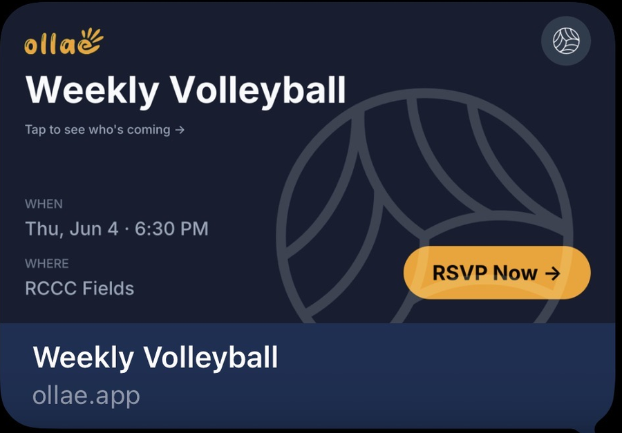 The Ollae link preview in iMessage, showing the event card above the title and the ollae.app domain.