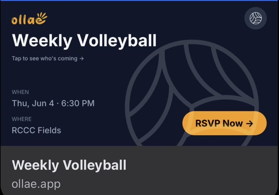 The Ollae link preview in Facebook Messenger, showing the event card above the title and the ollae.app domain.