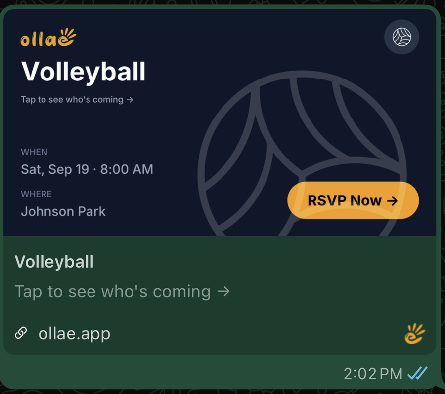 The Ollae link preview in WhatsApp, showing the event card above the title, the description, and the ollae.app domain with the Ollae logo as the site icon.