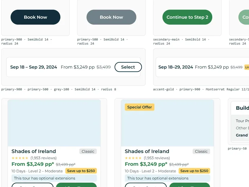 Collette component library board — buttons, tour date rows, and tour cards with their token labels
