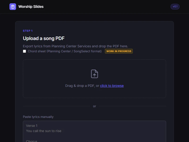 Worship Slides Generator — upload screen